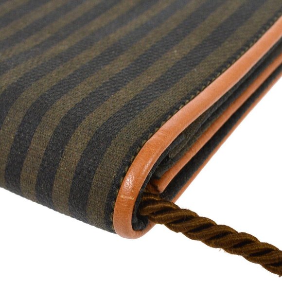 Authentic FENDI Pequin Pattern Shoulder Pochette Purse Bag Brown Canvas - Picture 9 of 11